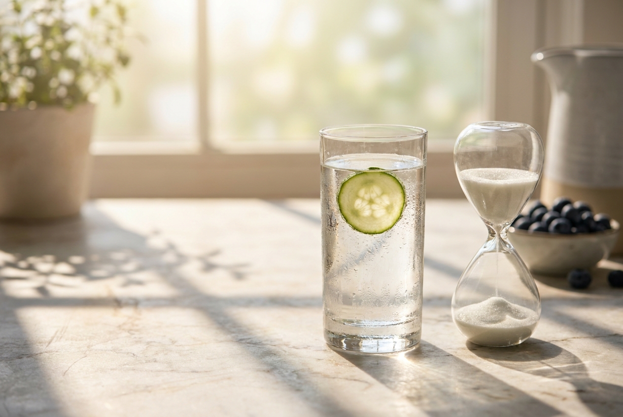Vaso de vidrio de agua de pepino cubierto de condensación junto a un reloj de arena sobre un mostrador de mármol soleado.