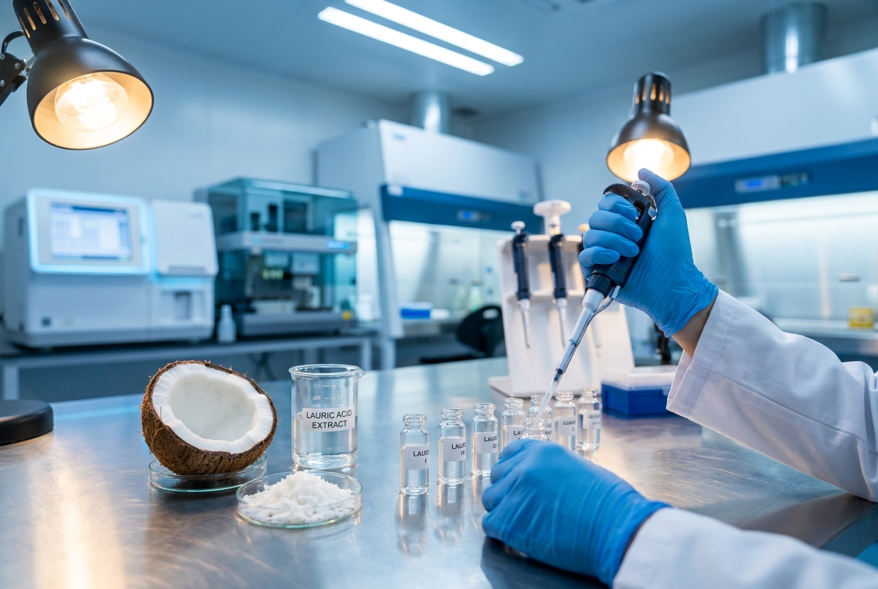 Manos enguantadas usando una micropipeta cerca de un coco partido por la mitad en un laboratorio.