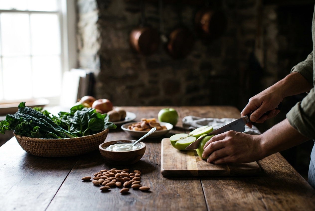 Manos de mujer cortando una manzana verde en una mesa rústica rodeada de alimentos integrales.