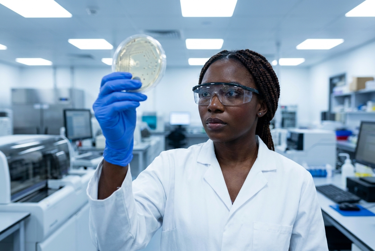 Microbióloga afroamericana examinando un cultivo en una placa de Petri.