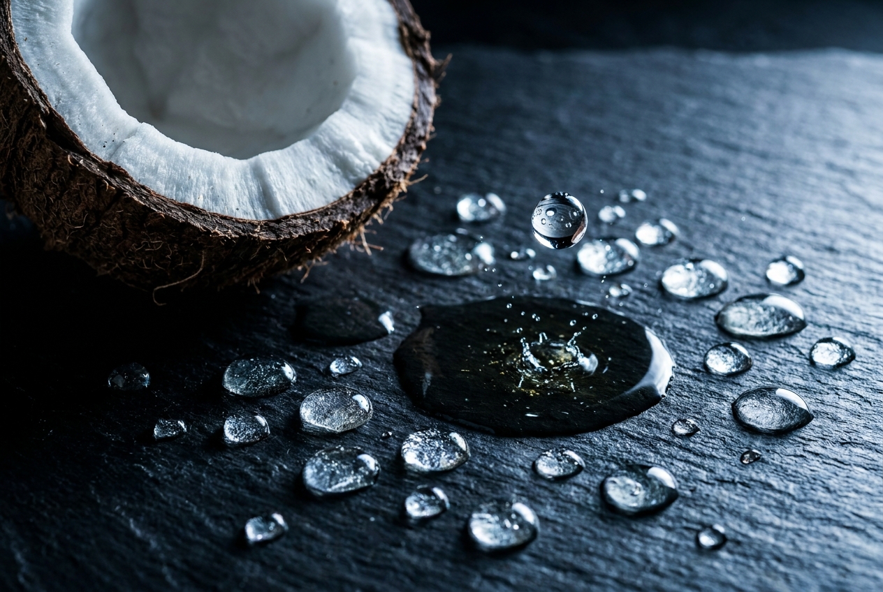 Primer plano extremo de un coco crudo y luminosas gotas de aceite sobre una superficie de pizarra oscura.