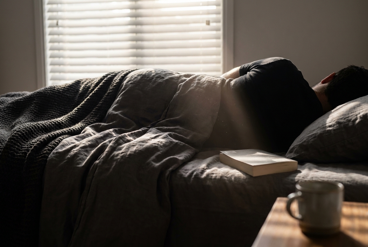 Hombre afroamericano descansando bajo sábanas de lino pesadas en un dormitorio tenuemente iluminado.
