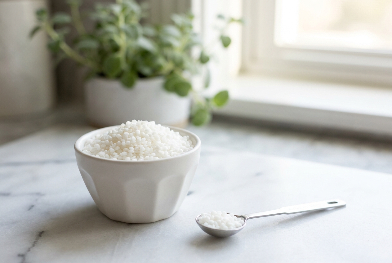 Un cuenco de cerámica geométrico lleno de pequeños pellets blancos de monolaurina junto a una cuchara de medir plateada.