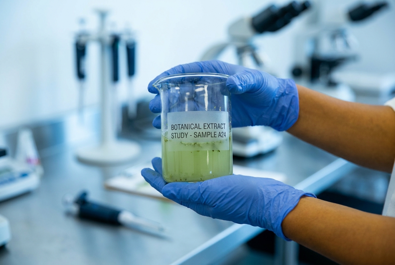 Primer plano de manos de investigador en guantes blancos de laboratorio sosteniendo una probeta de vidrio con líquido azul.