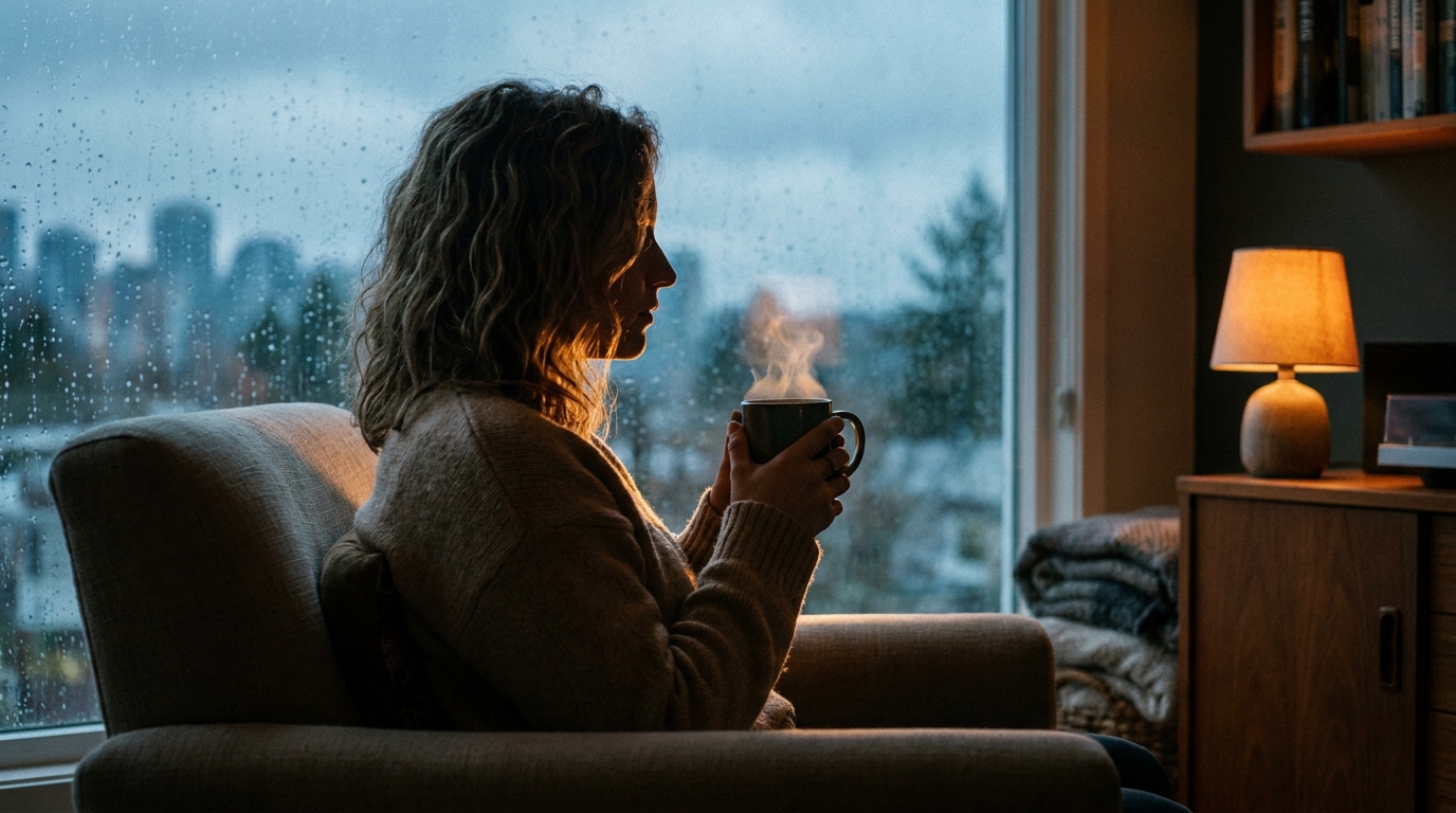 Silueta de una persona mirando por una ventana grande y brillante mientras sostiene una taza de té.
