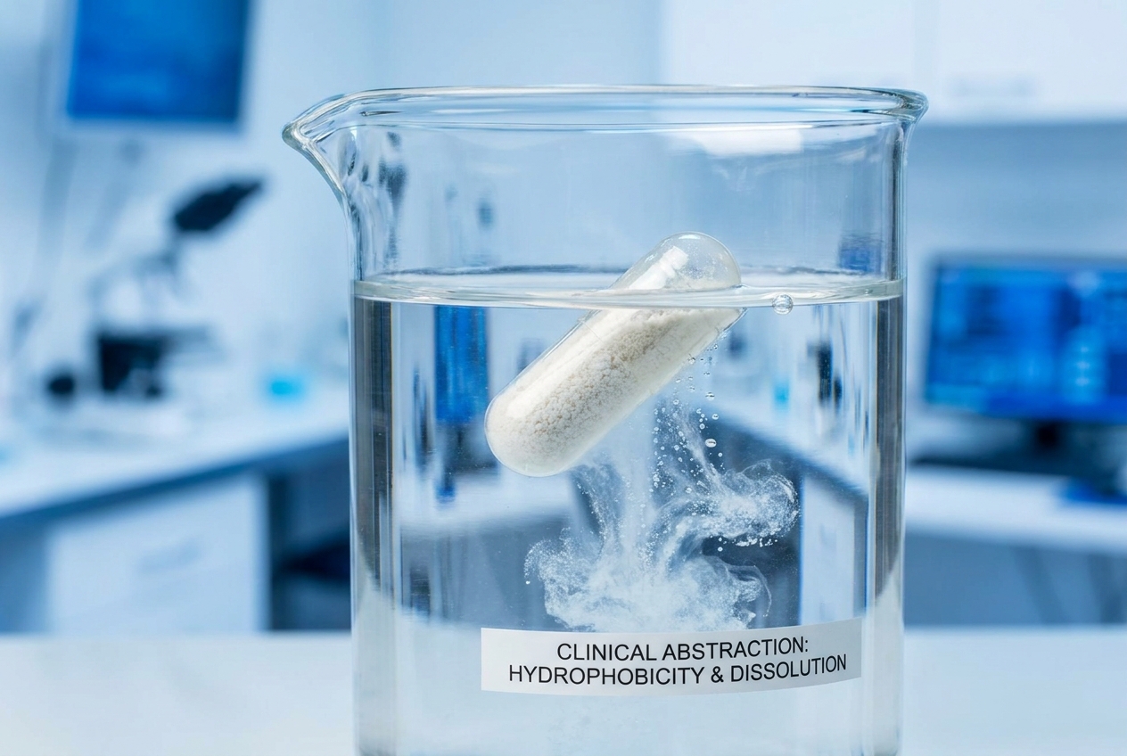 Fotografía macro de una cápsula de origen vegetal clara disolviendo se en agua purificada dentro de un vaso de laboratorio.