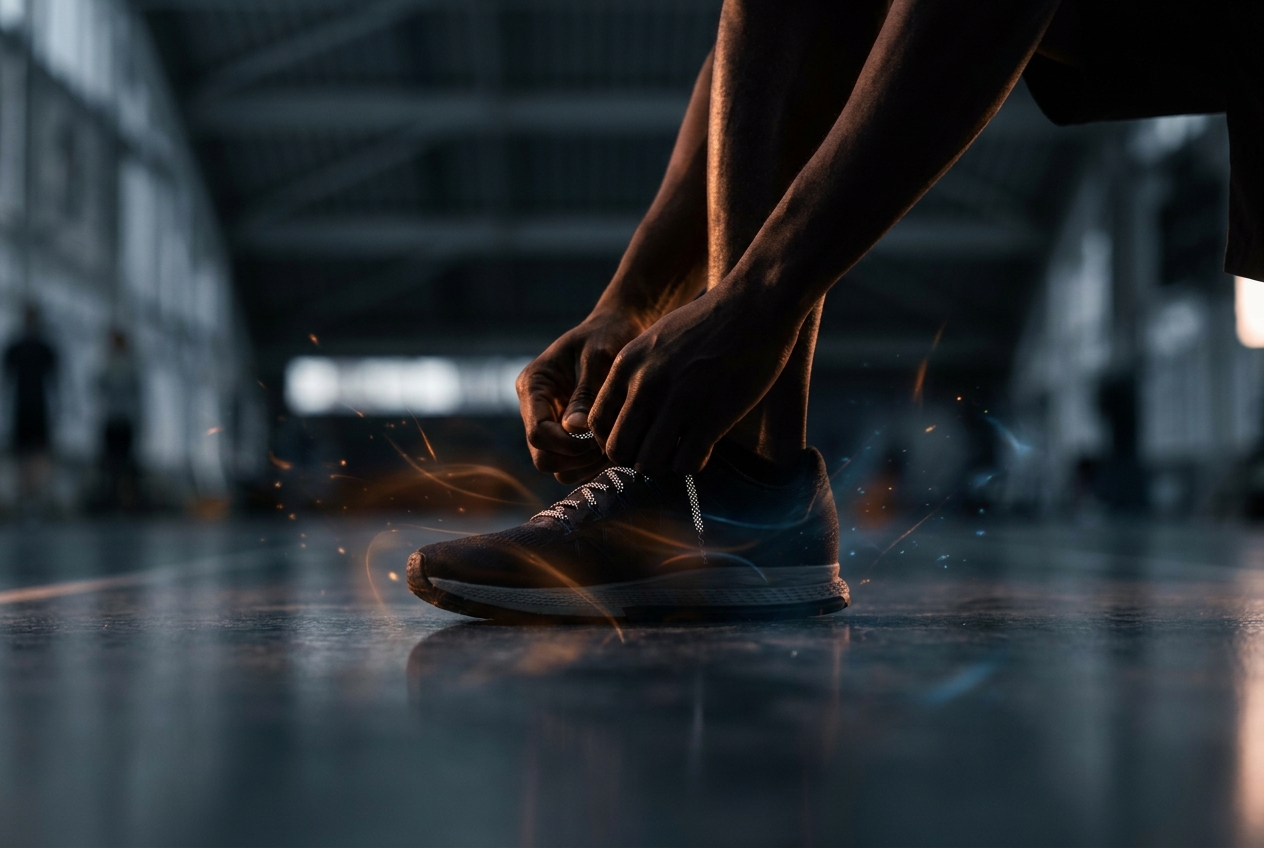 Primer plano de las manos de una persona atando sus zapatillas de correr en un espacio de fitness tenuemente iluminado.