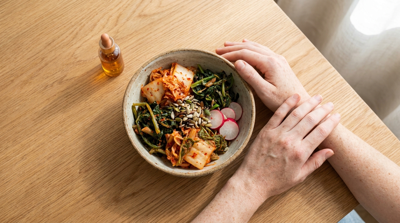 Un bol rústico de coloridos alimentos fermentados y verduras intestinalmente saludables sobre una mesa de madera clara.