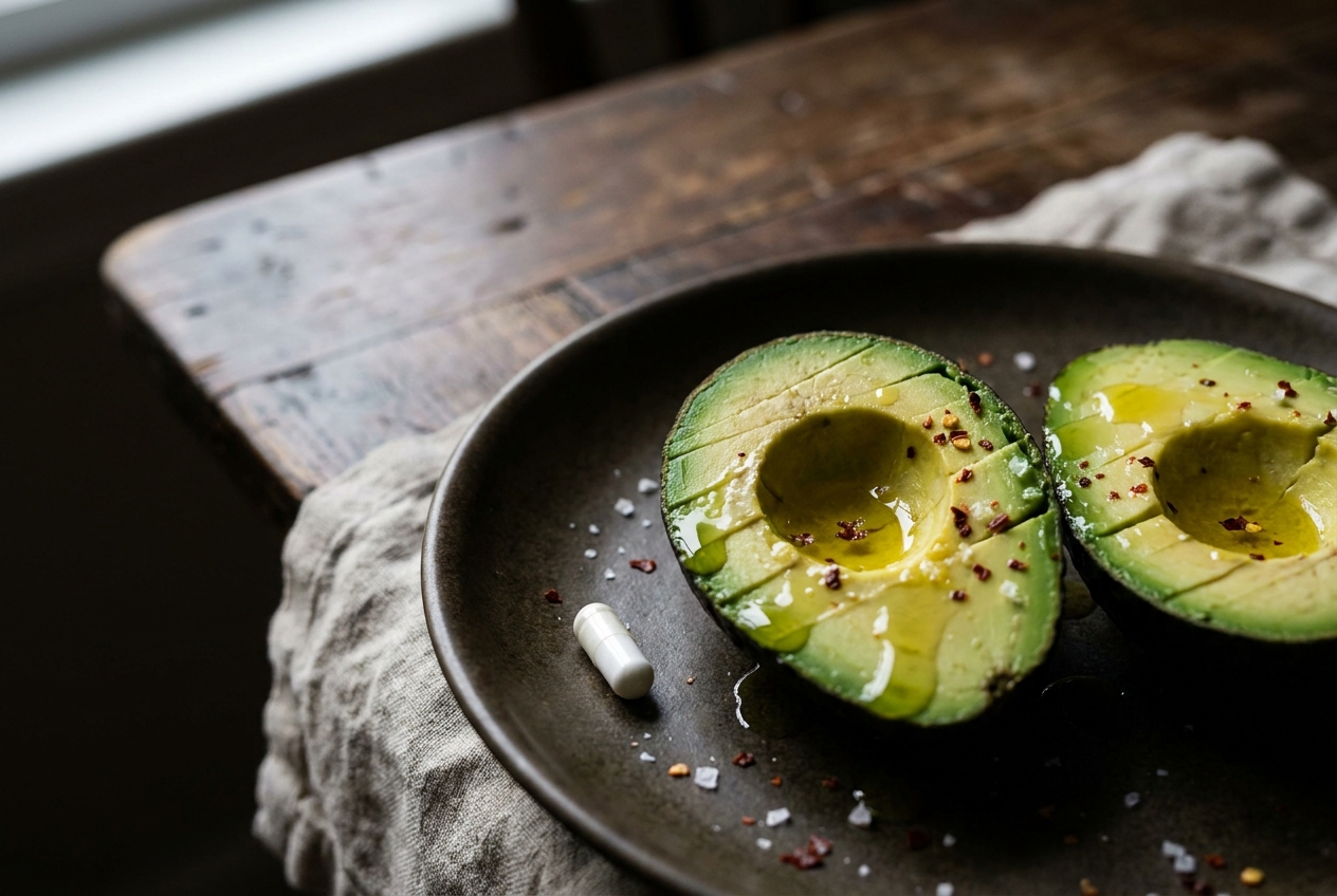 Una comida equilibrada con aguacate fresco y aceite de oliva junto a una única cápsula de suplemento blanca.