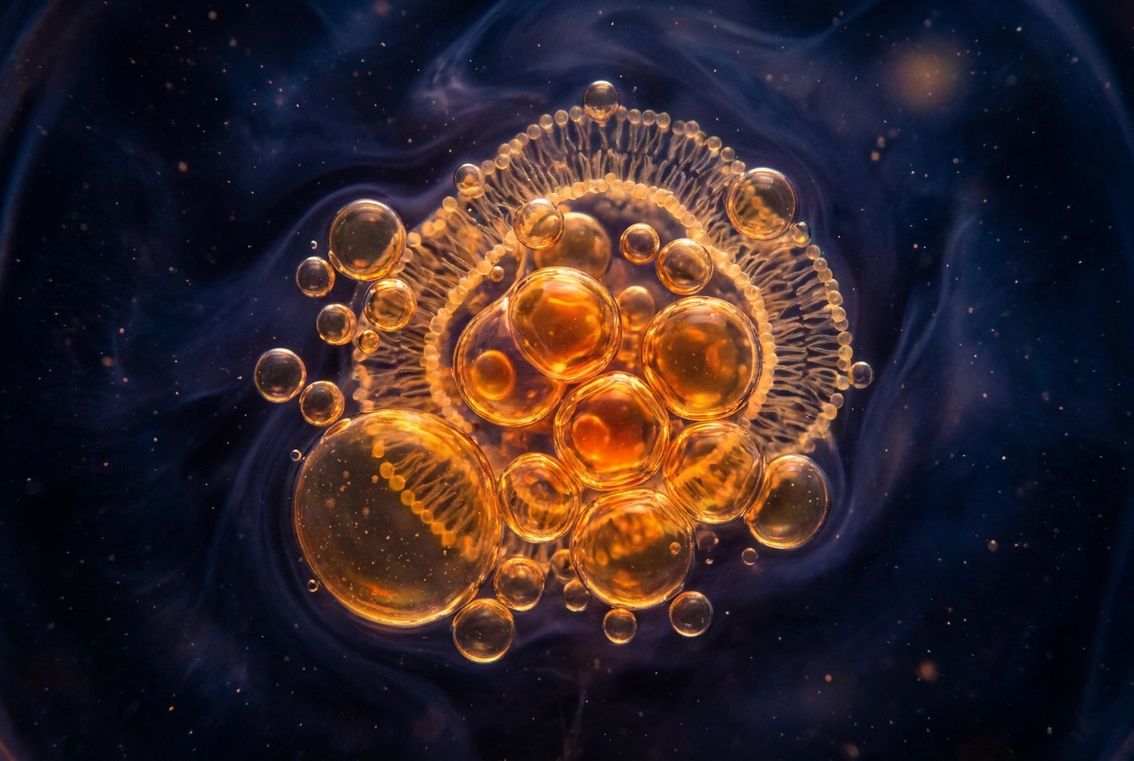 Vista abstracta microscópica de brillantes gotas de aceite dorado suspendidas en un líquido azul oscuro.