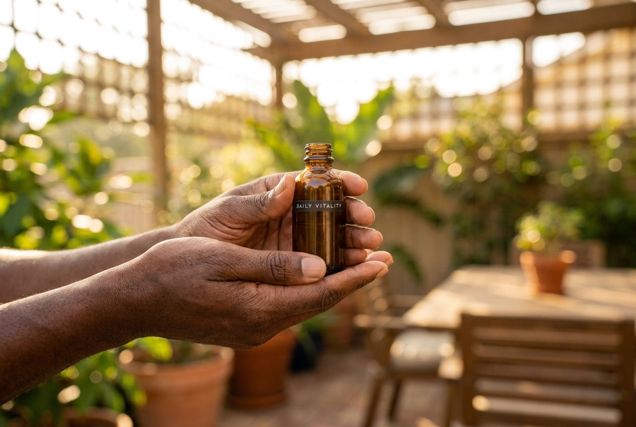 Primer plano de manos sosteniendo suavemente una botella de suplementos ámbar al aire libre.
