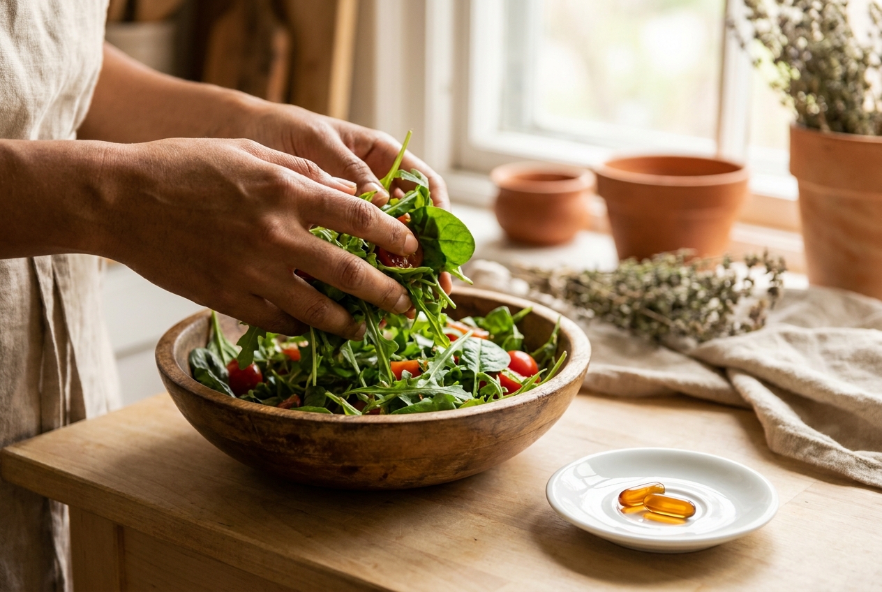 Primer plano de manos preparando una ensalada fresca junto a un plato pequeño que contiene cápsulas de suplemento.