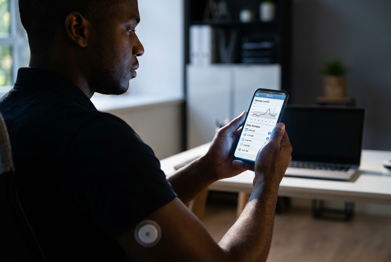 Hombre revisando una aplicación de seguimiento de salud realista en su teléfono inteligente para programar sus dosis de suplementos.