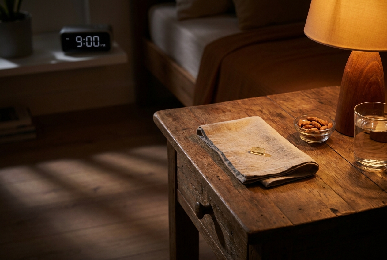 Una cápsula de suplemento, almendras y un vaso de agua sobre una mesita de noche de madera iluminada por una lámpara de cabecera cálida.