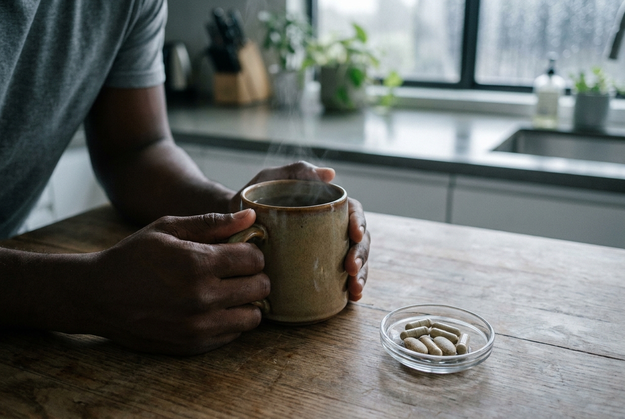 Primer plano de manos sosteniendo una taza de té caliente junto a vitaminas diarias.