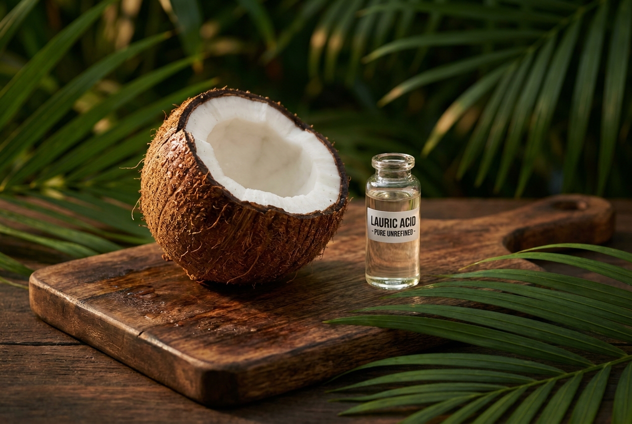 Un coco fresco abierto junto a un frasco de vidrio de aceite puro.