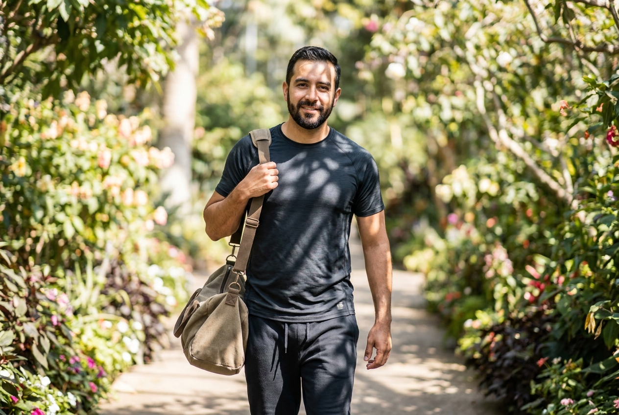 Un hombre saludable con ropa deportiva camina por un jardín botánico iluminado por el sol.