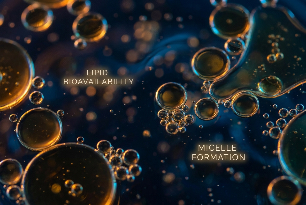 Vista microscópica de gotas de aceite doradas brillándose en un líquido oscuro y claro.