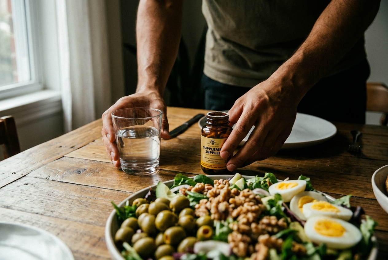 Las manos de una persona alcanzando un vaso de agua junto a una botella de suplementos y una ensalada saludable.