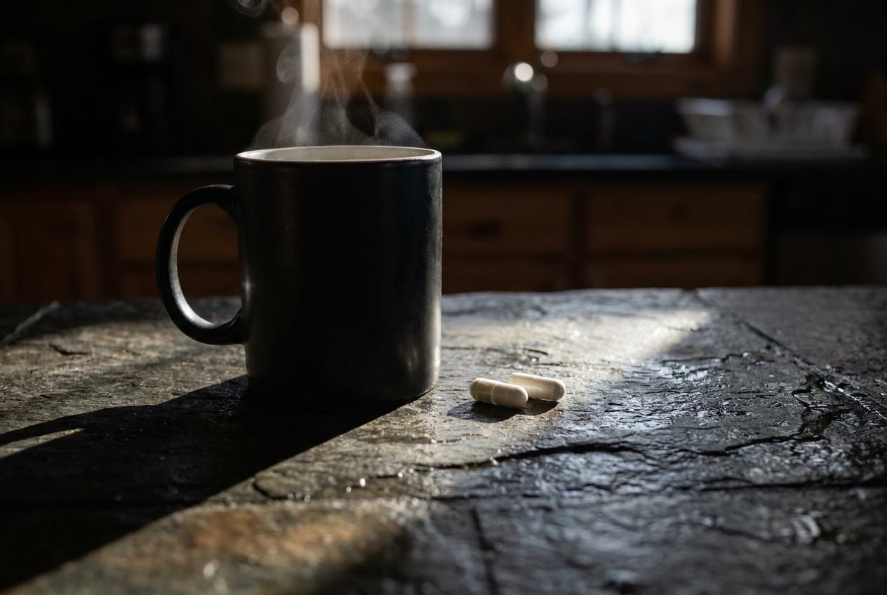 Una taza humeante de café oscuro junto a dos cápsulas de suplementos blancas sobre un mostrador de piedra oscura.