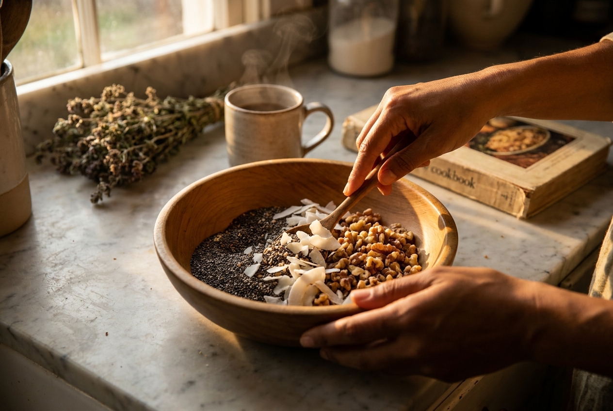 Manos mezclando un tazón de grasas saludables como semillas de chía, nueces y copos de coco.