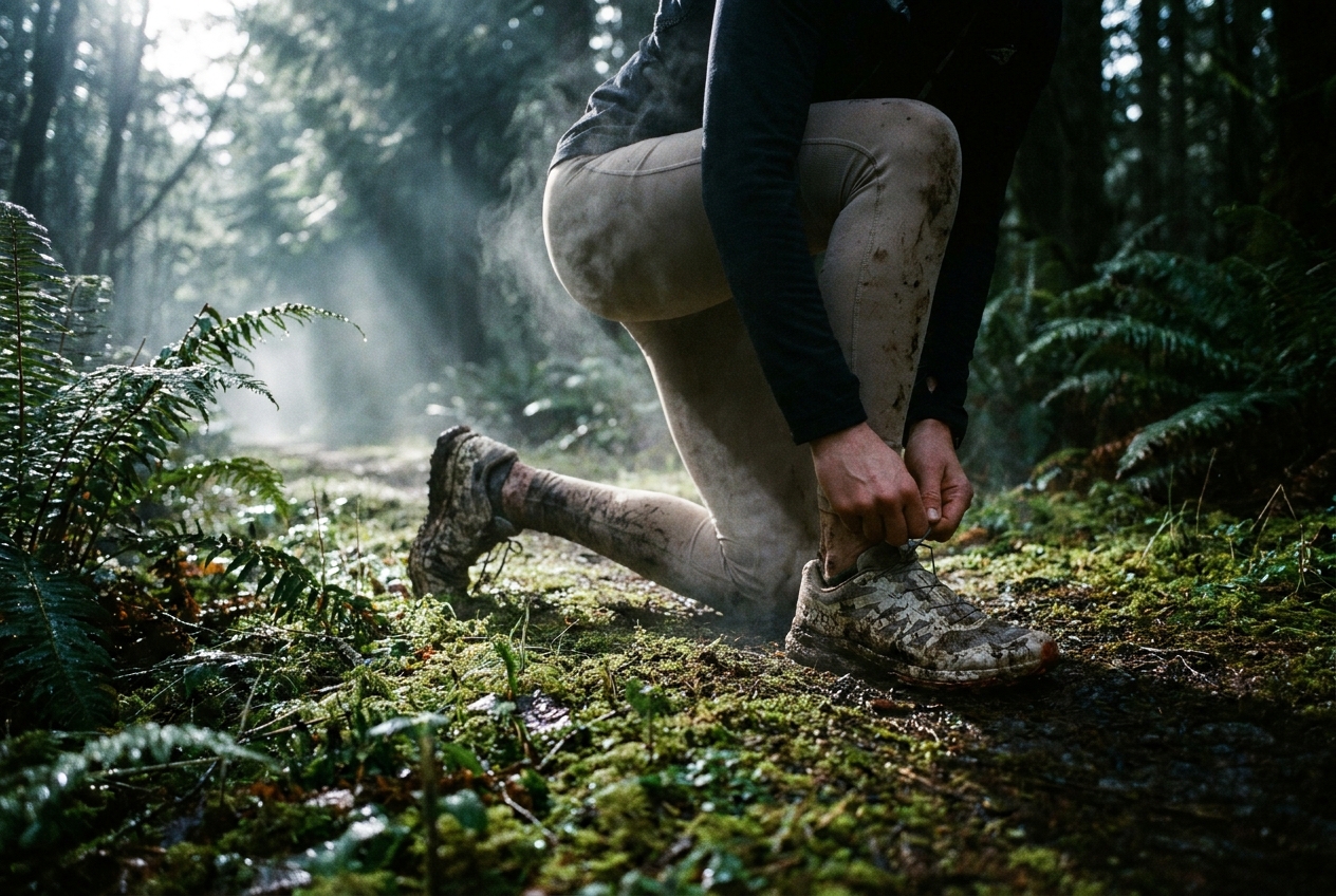 Corredor ajustando los cordones de sus zapatos en un sendero forestal húmedo.