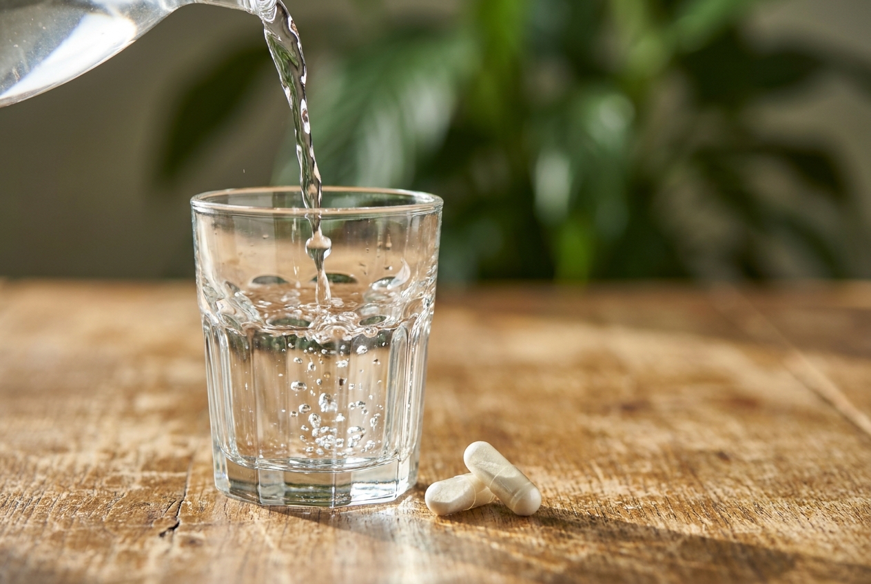 Primer plano de agua vertida en un vaso junto a dos cápsulas de suplementos sobre una mesa de madera.