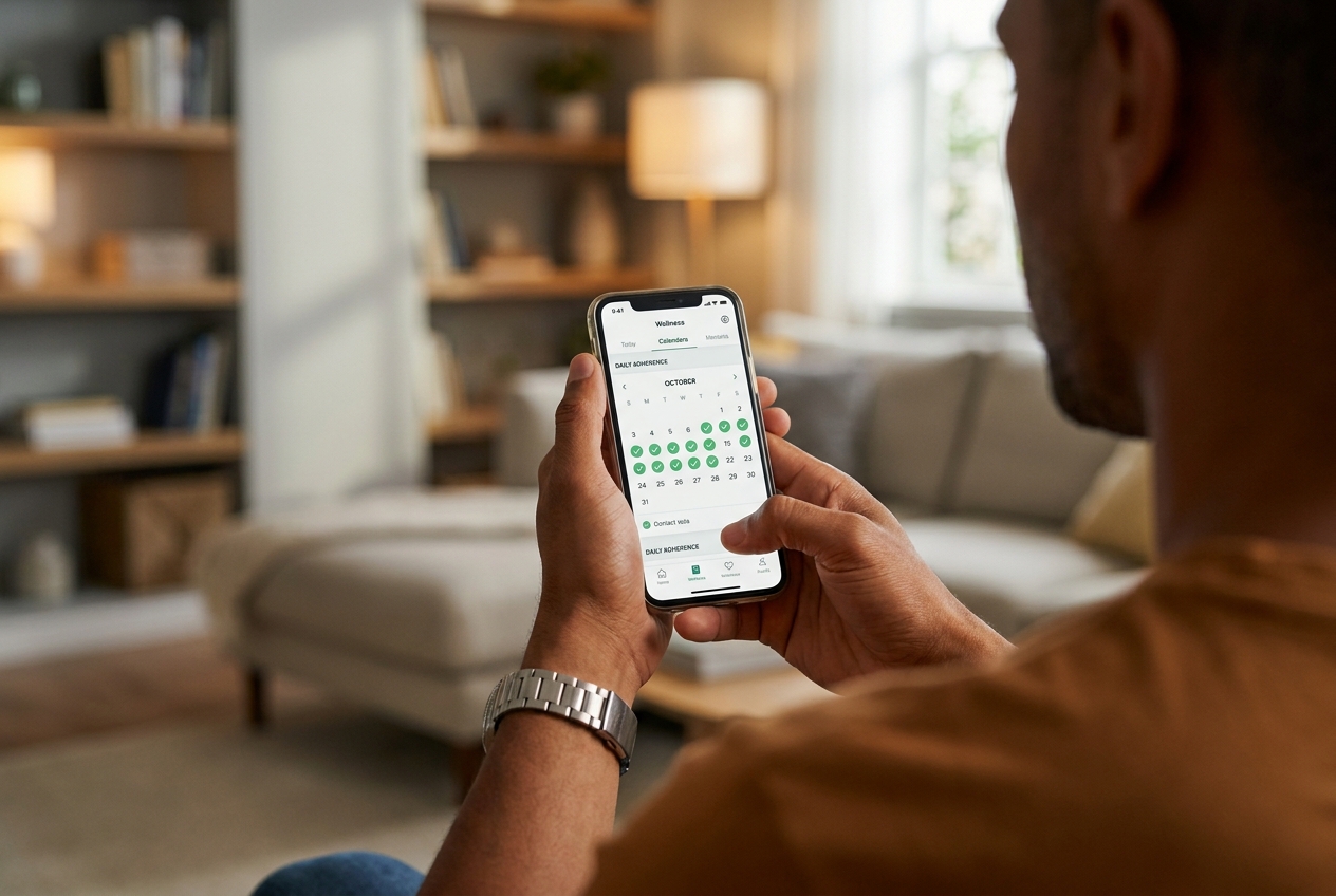 Primer plano de las manos de un hombre sosteniendo un teléfono inteligente que muestra una aplicación de seguimiento de bienestar.