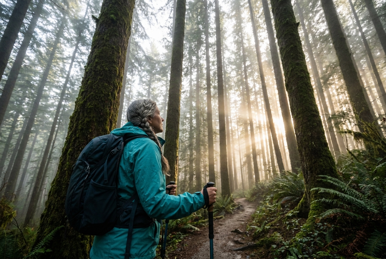 Mujer haciendo senderismo a través de un bosque de pinos brumoso al amanecer.