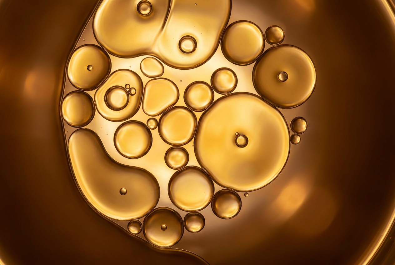 Fotografía macro abstracta de gotas de aceite doradas suspendidas y separándose en agua clara.