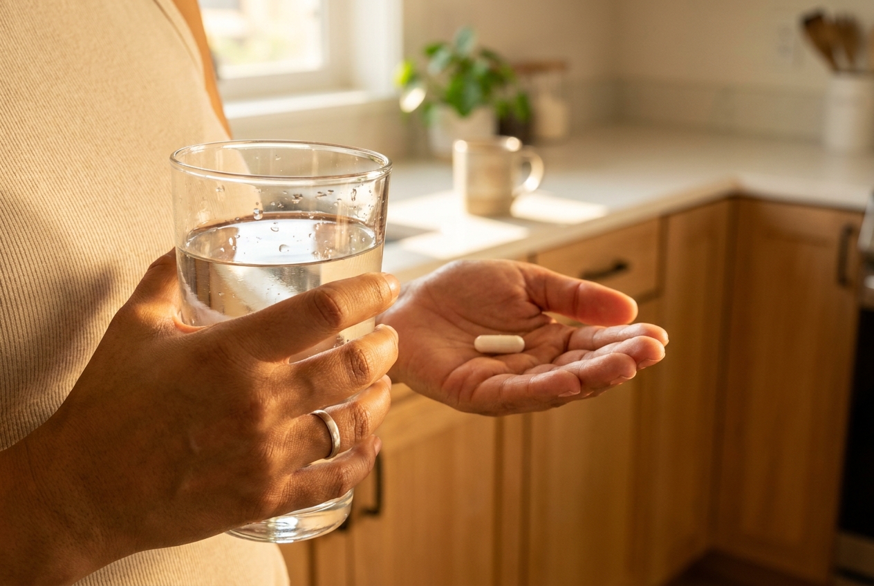 Manos sosteniendo un vaso de agua y una cápsula de suplemento blanca.