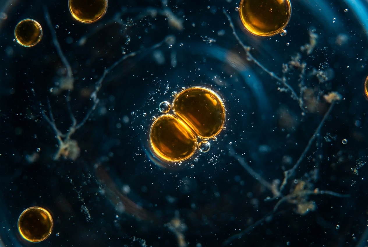 Vista microscópica de gotas de aceite doradas mezclándose en un líquido azul oscuro.