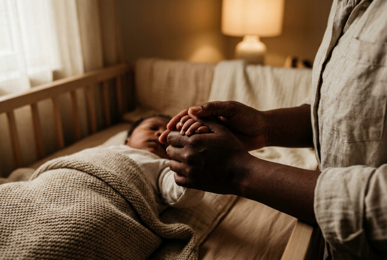 Primer plano de la mano de una madre afroamericana sosteniendo la pequeña mano de su bebé.