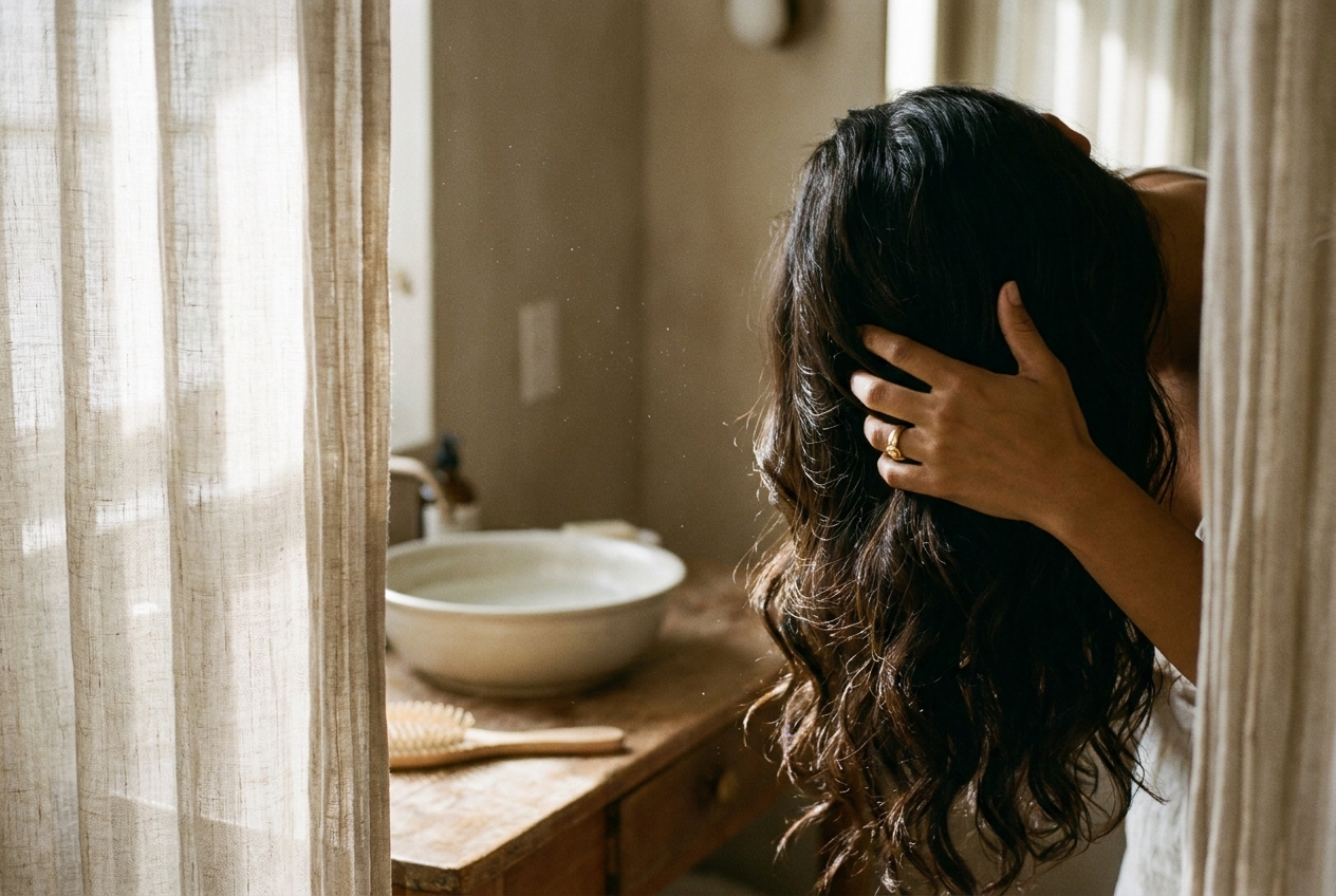 Mujer con cabello brillante y piel clara en luz matutina
