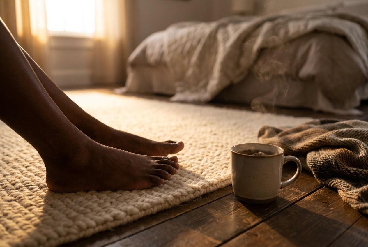 Pies en reposo junto a taza de té durante recuperación