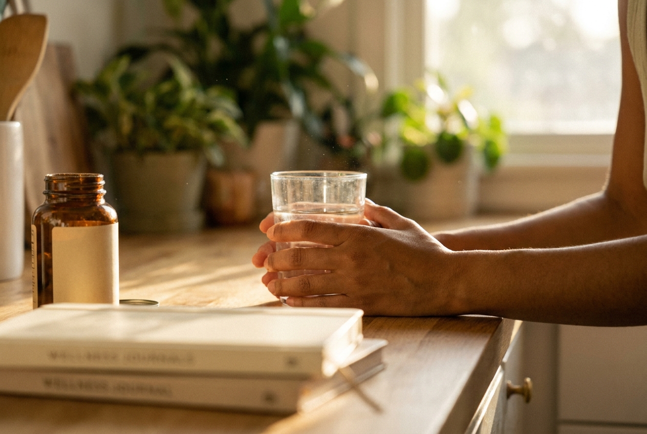 Manos sosteniendo un vaso de agua junto a un frasco de suplementos y cuadernos sobre una encimera