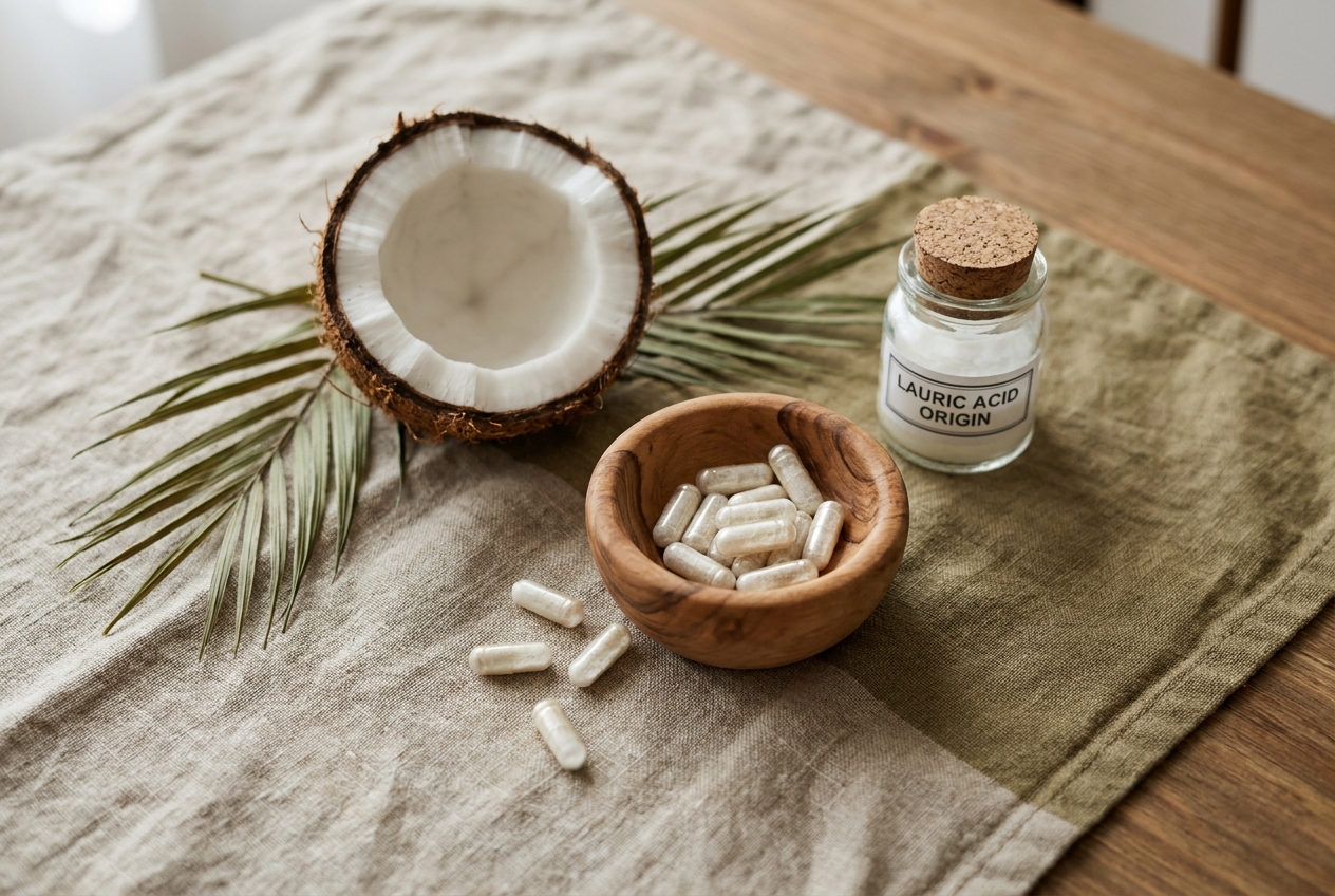 Aceite de coco junto a cápsulas de monolaurina