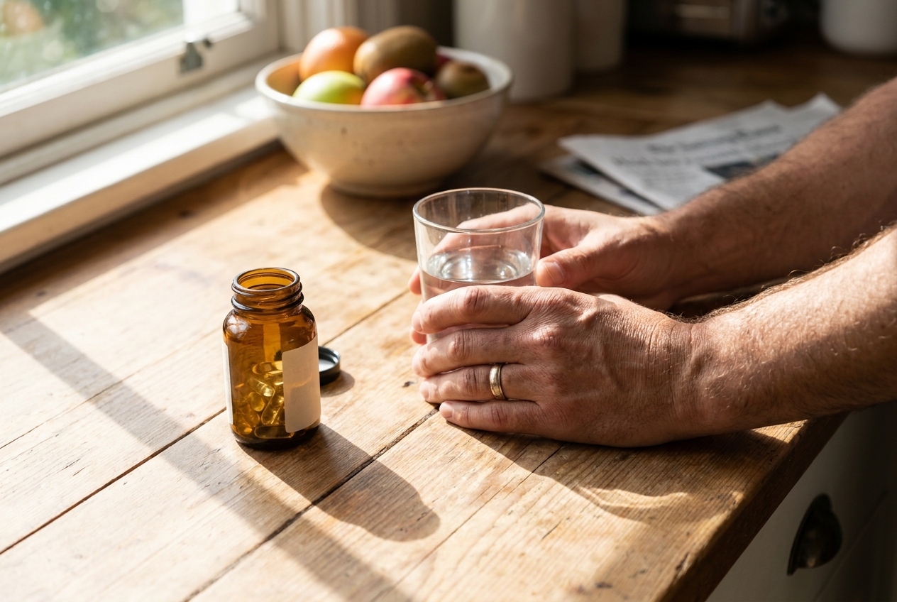 Rutina matutina de suplementos con vaso de agua