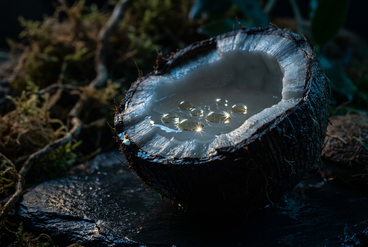 Gotas de aceite de coco macro ácido láurico