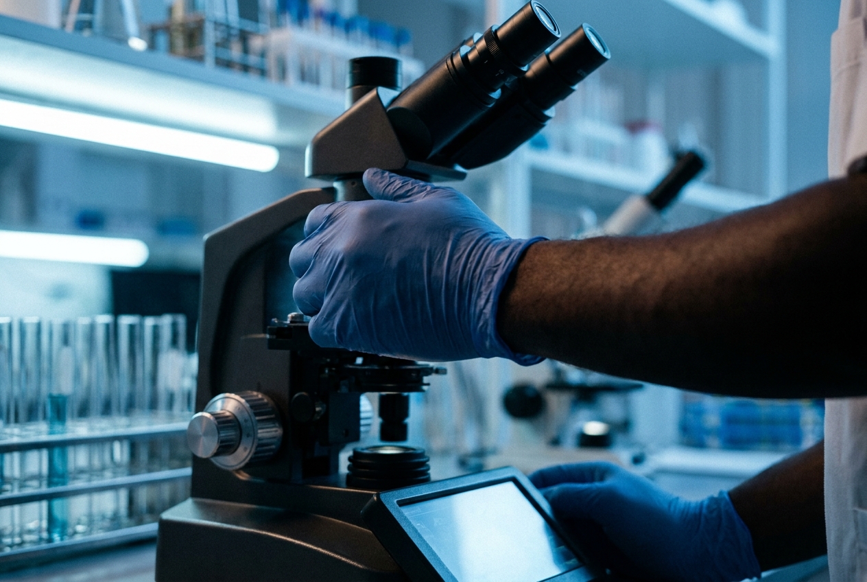 Manos con guantes ajustando un microscopio de laboratorio moderno.